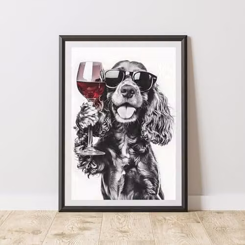 60 Second Makeover Funny Cocker Spaniel Drinking Wine Paper Poster, Black and White, A3