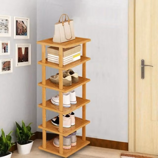 VOGREX 6 Tier Slim Vertical Bamboo Shoe Tower Storage Organiser in Beige