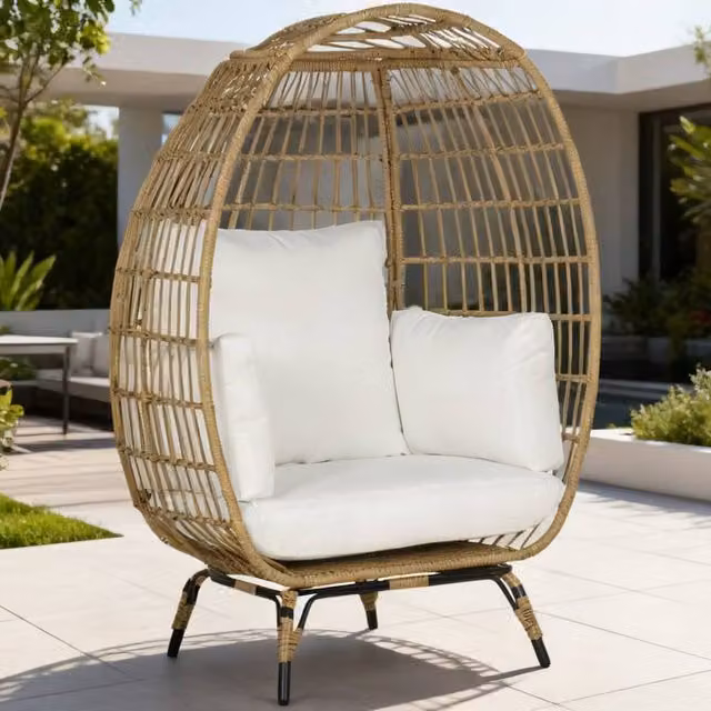 ERGOVEXA Polyrattan Egg Lounge Chair with Cushions and Pillows, Khaki