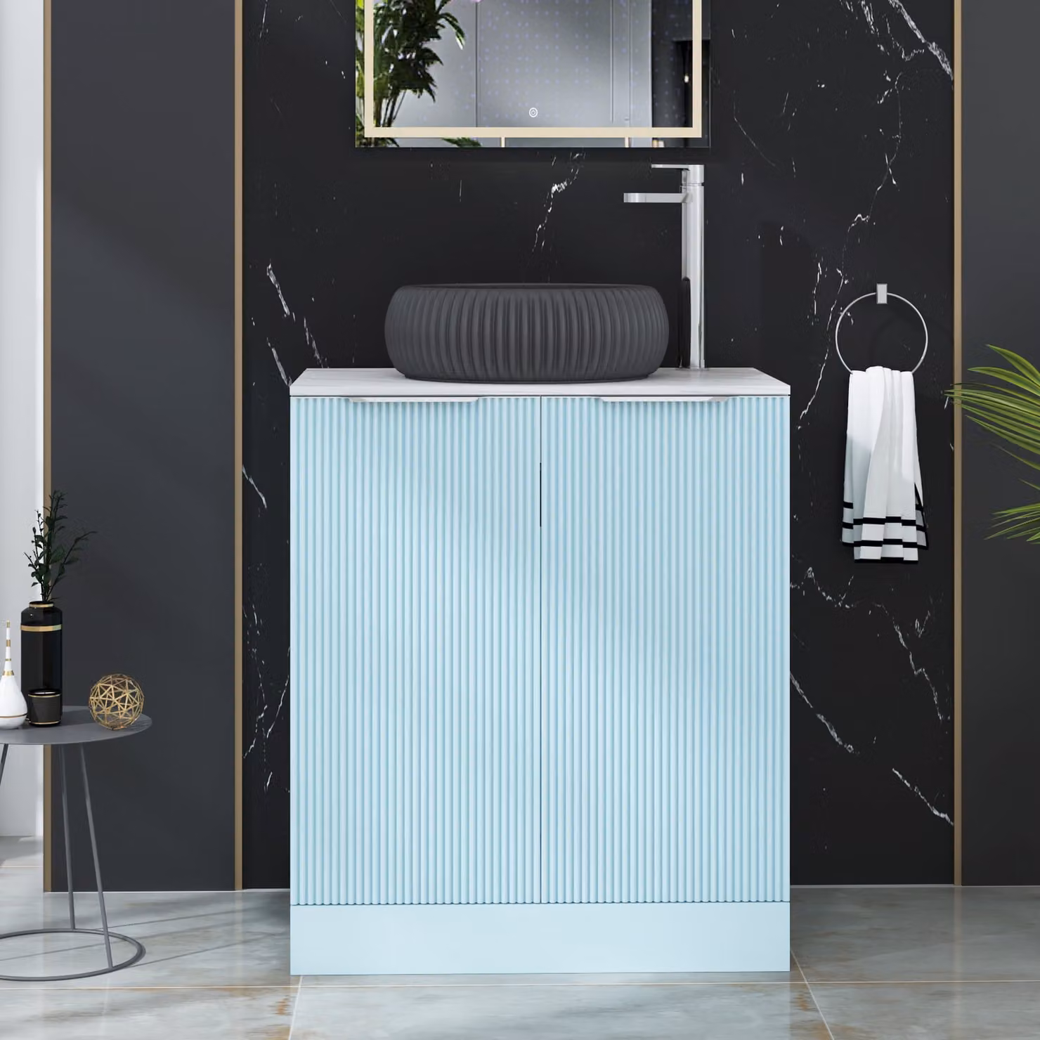 Royal Bathrooms Evora Powder Blue Fluted Floor Standing Countertop Vanity Unit with Milan Black Basin and 2 Soft Close Doors