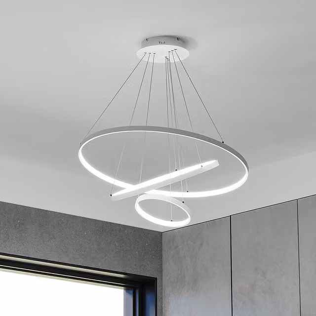 Livingandhome Modern 3-Ring LED Suspended Ceiling Pendant Light in White with Cool White Illumination