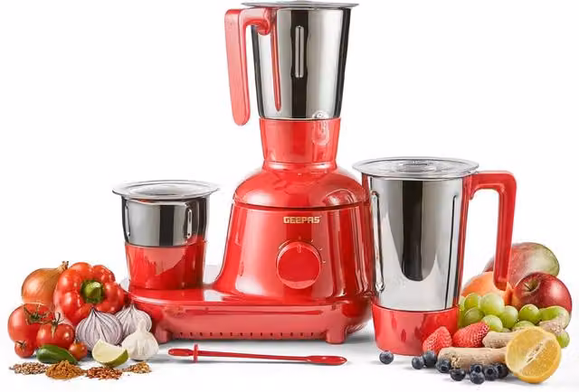 Geepas 750W 3-in-1 Mixer Grinder with 3 Stainless Steel Jars in Red – 1