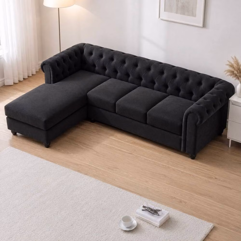 Sofaya Hampton 4 Seater L Shape Chesterfield Sofa in Black Velvet with Left Hand Chaise – 2
