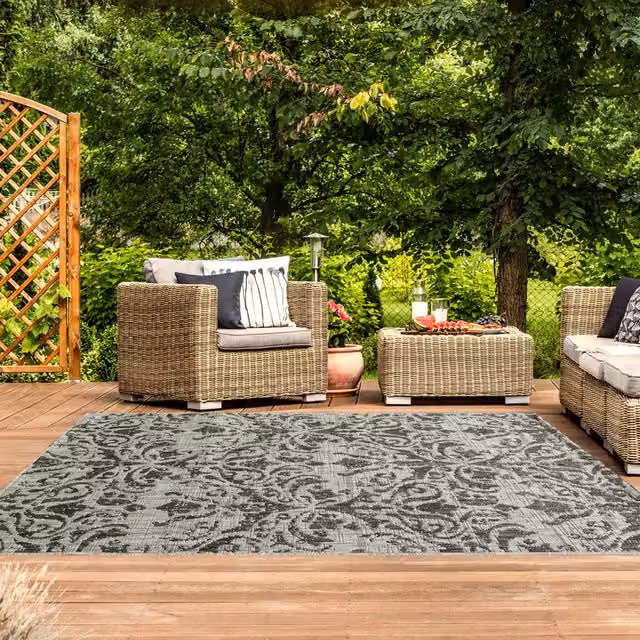 The Rug House Vintage Floral Flatweave Indoor Outdoor Rug in Grey, W: 170 cm, D: 120 cm