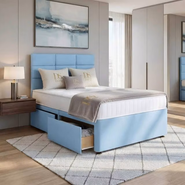 DS Living Opal Modern Upholstered Single Bed Frame with Drawers in Blue, W/D/H: 90 x 200 cm