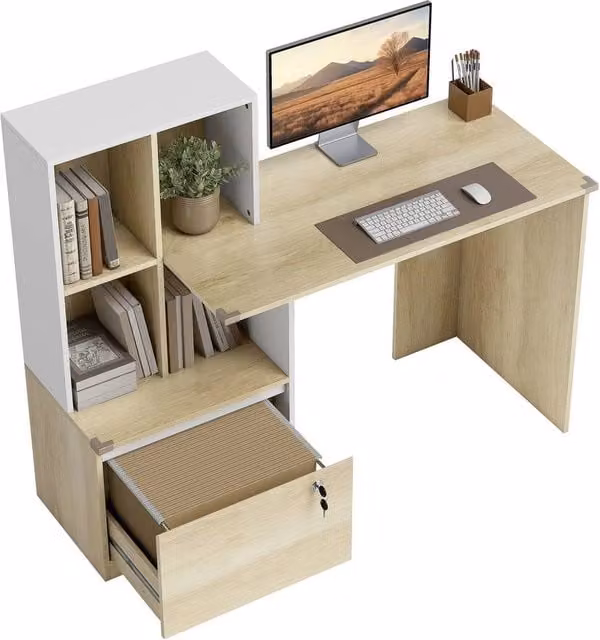 NESTLUNE Computer Desk with Lockable File Drawers, Brown Oak Wood Effect – 1