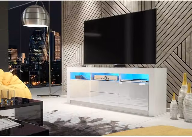 FORGEVIO Modern TV Stand Cabinet with White Matt Body and White Gloss Doors – 1