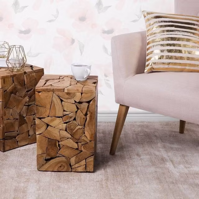 Wyld and Coco Handcrafted Rustic Teak Wood Side Table, Brown, W/D/H: 30 x 30 x 45 cm