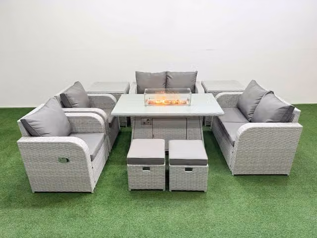 Fimous 8 Seater Rattan Garden Furniture Set with Reclining Chairs, Love Sofa, Firepit Dining Table, 2 Stools and 2 Side Tables in Light Grey