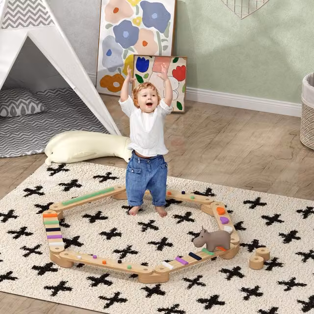 AIYAPLAY Modular Wooden Balance Beam for Kids in Natural Brown Finish