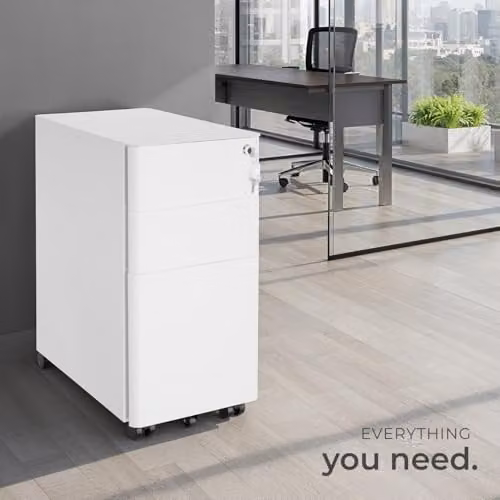 tectake Lockable Mobile Filing Cabinet in White Steel with 2 A4 Drawers and 1 Hanging File Drawer – 6