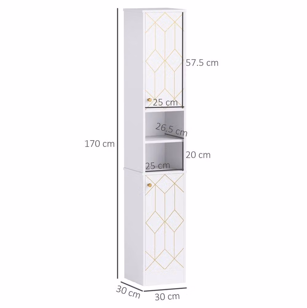 STILVORA Modern White and Gold Freestanding Bathroom Storage Cabinet with LED Lighting and Internal Shelves – 2