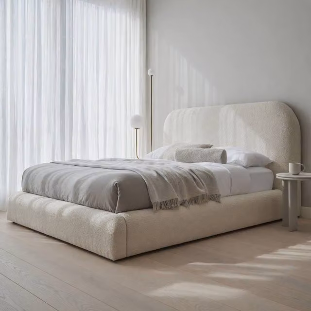 KDMD Basildon Boucle Upholstered Platform Bed Frame in Beige, King Size (180 x 200 cm)