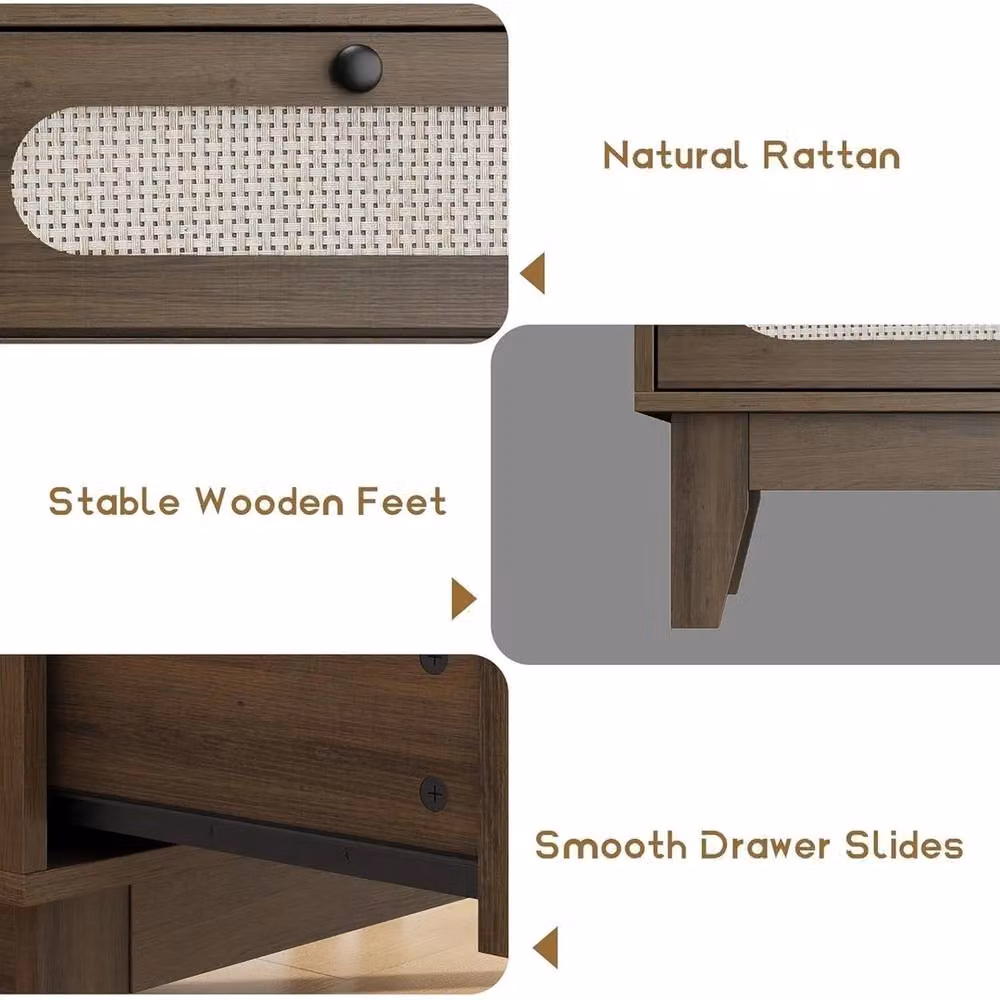 Nordara 3-Drawer Bedside Table in Brown with Rattan and Wood Details – 3