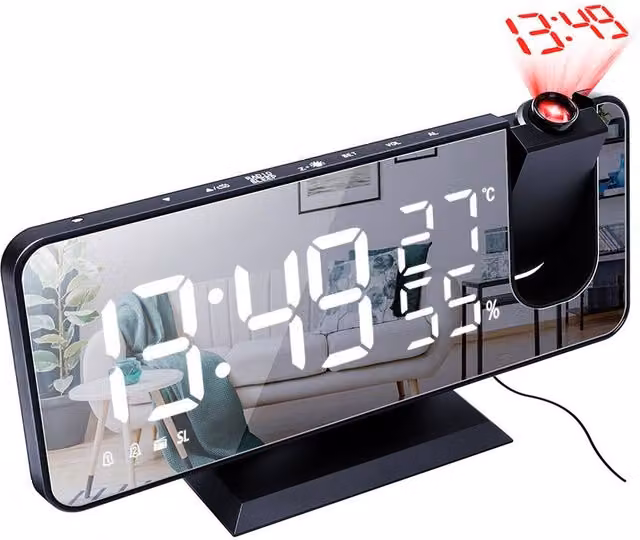 YnysTec LED Digital Projection Alarm Clock with FM Radio and Snooze Function in Black