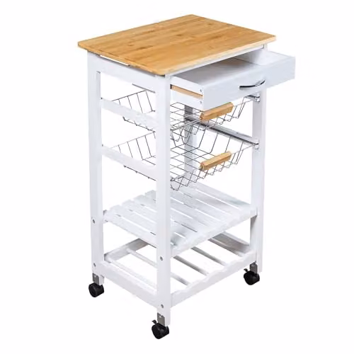 Spot on Dealz 5 Tier Kitchen Trolley with Metal Baskets and Wooden Top in White – 1