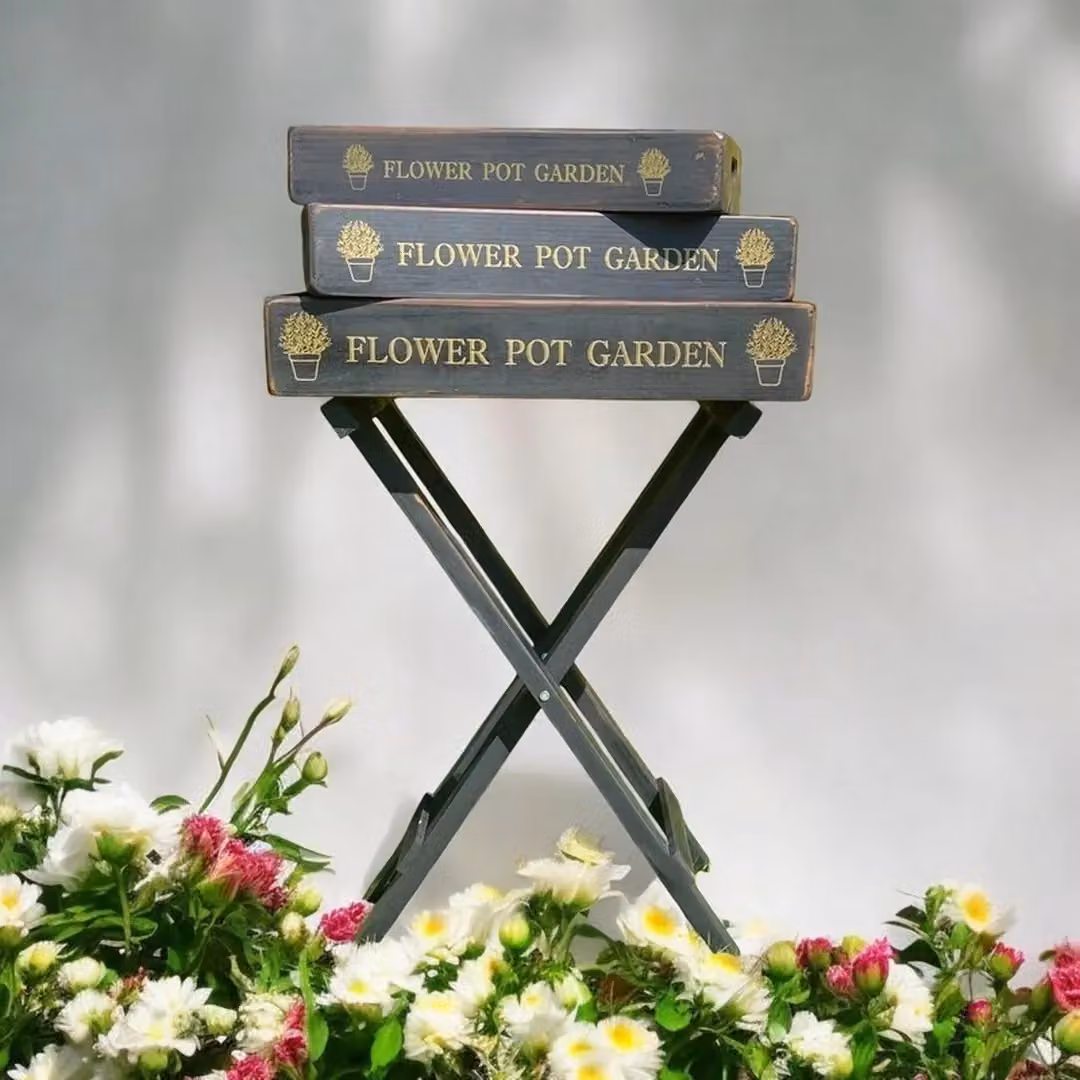 Minster Decorative Foldable Stand with Flower Pot Garden Serving Trays, Set of 3, Black Wood, H 78.0 x W 56.0 x D 38.0 cm – 2