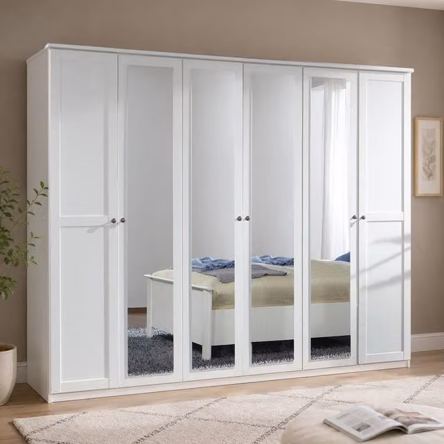 Chalet Matt White 6 Door Wardrobe with Mirror, Width: 270 cm