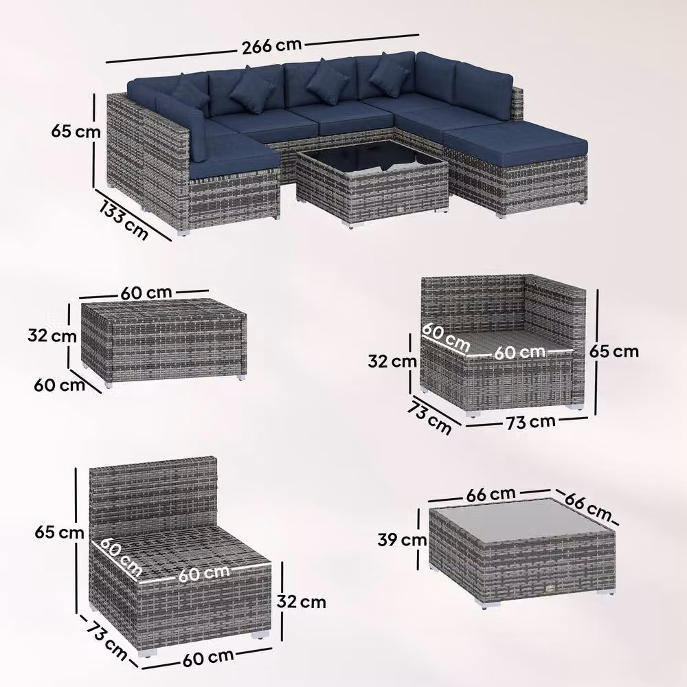 Outsunny 8 Piece L-Shape Rattan Garden Furniture Set with Blue Upholstered Cushions, Coffee Table and Ottoman – 3
