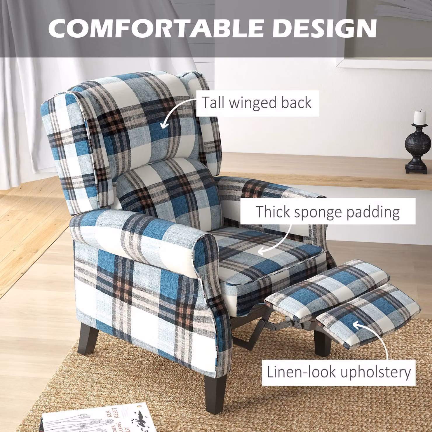 HOMCOM Blue Fabric Wingback Recliner Chair with Padded Armrests – 4