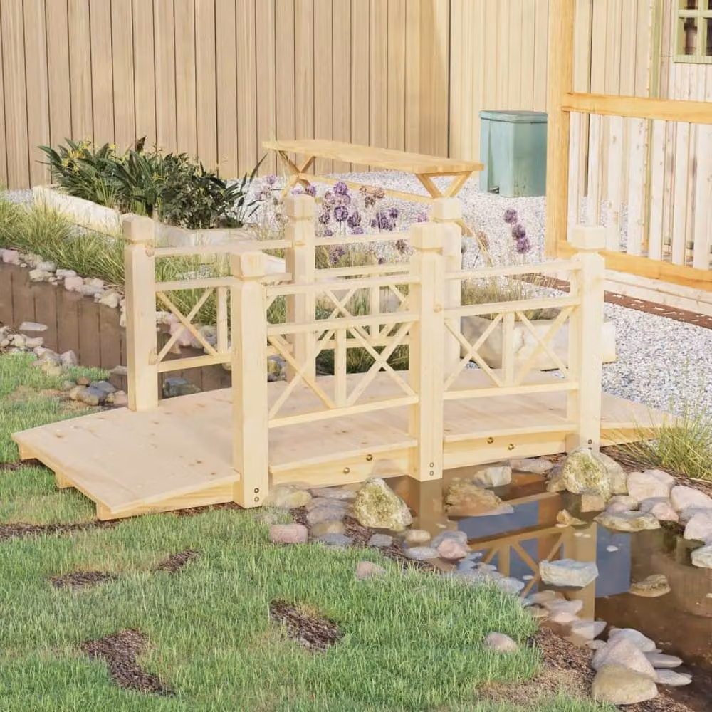 Berkfield Home Garden Bridge with Railings in Beige Solid Spruce Wood, W/D/H: 150 x 67 x 56 cm – 2