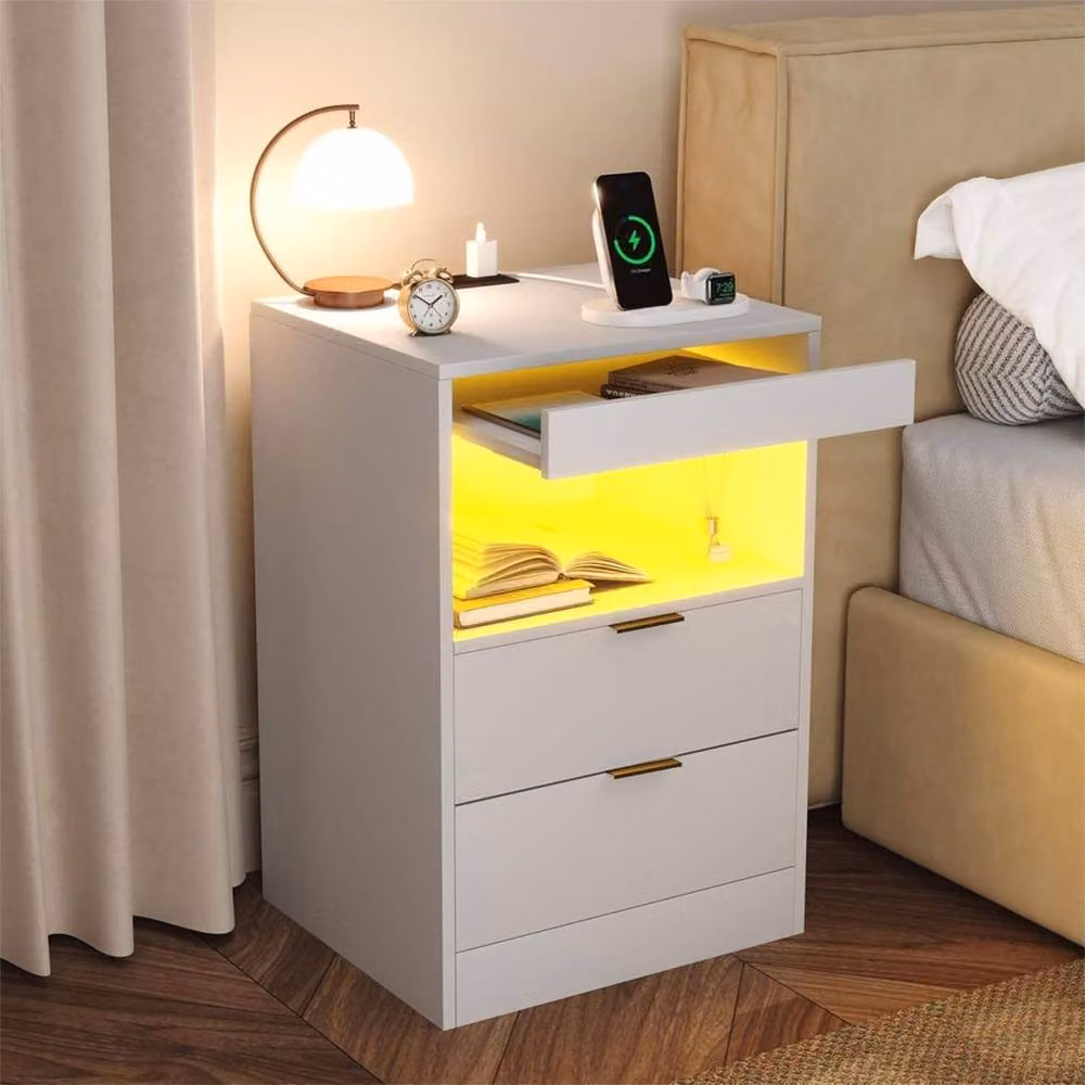 Ventryn Mondeer White Glossy LED Bedside Table with Hidden Drawer and Integrated Lighting – 3