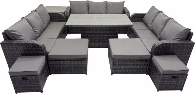 Fimous 13-Seater PE Rattan Garden Sofa Set with Height-Adjustable Table in Dark Grey Mixed