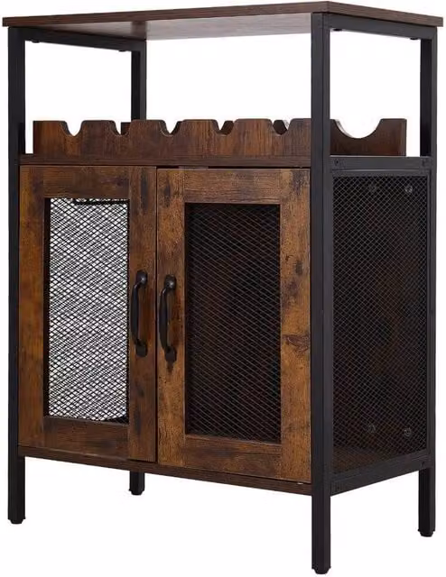 KORVIXA Rustic Industrial Wooden Wine Storage Cabinet with Glass Doors in Brown, W/D/H: 100 x 100 x 100 cm – 1