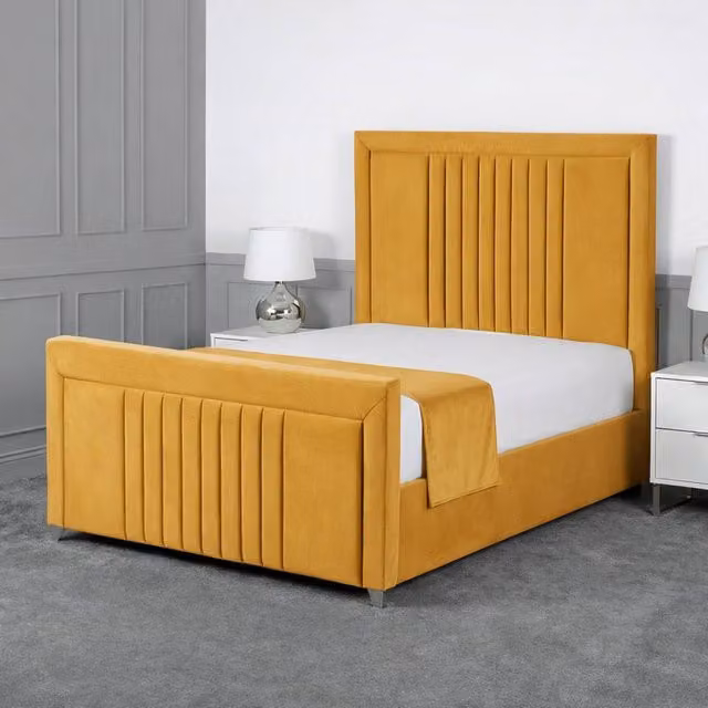 Living Comfort Bedz Celeste Plush Velvet Upholstered Bed with Slatted Base and 48 Inch Headboard in Mustard Yellow, Super King