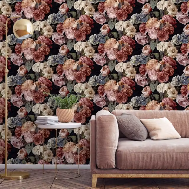 Grandeco Botanical Floral Boho Vinyl Wallpaper in Red, Black, Pink and Green