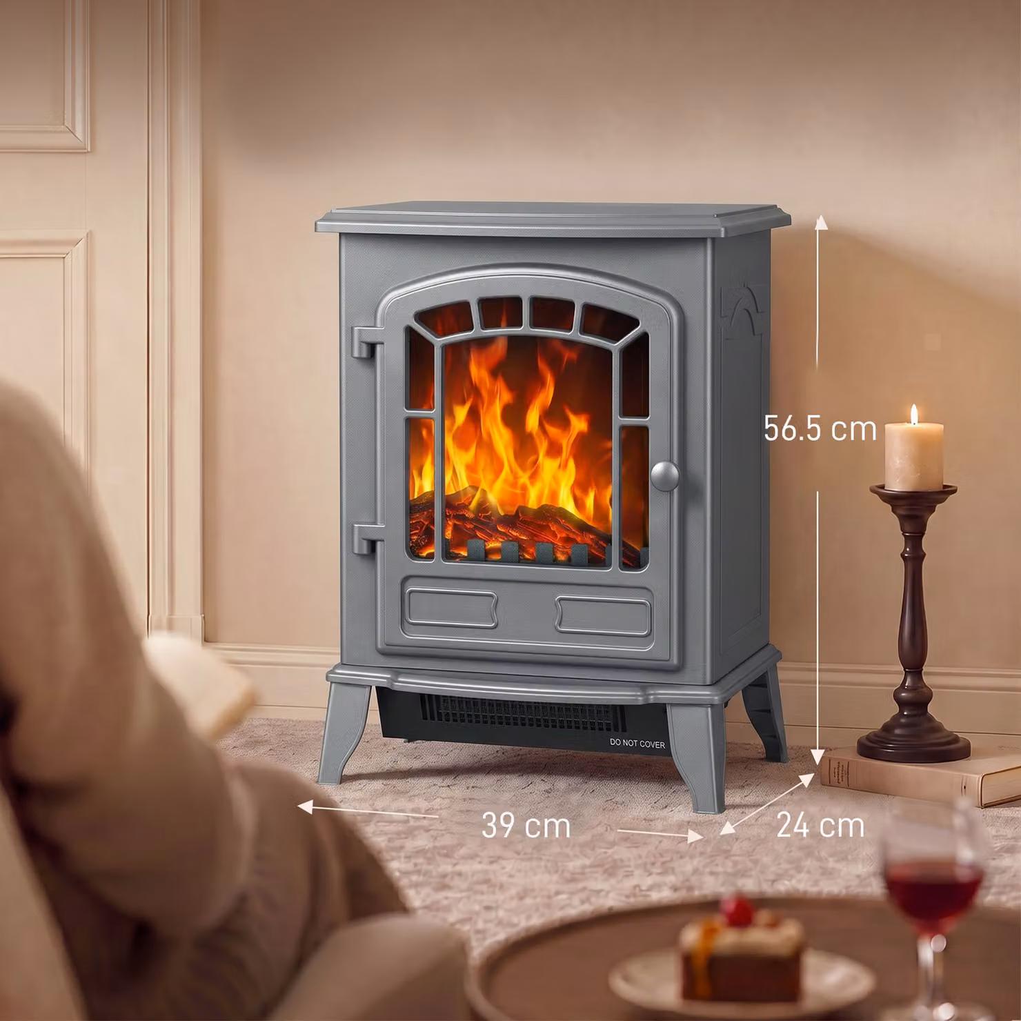 HOMCOM Grey Electric Fireplace Stove with LED Flame Effect and Adjustable Thermostat – 3