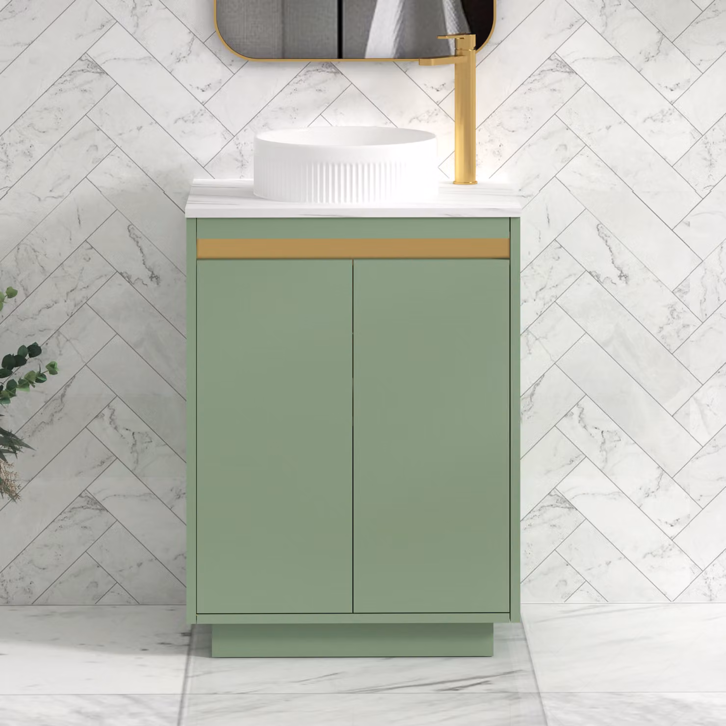 Royal Bathrooms Orion 600mm Mint Sage Floor Standing Countertop Vanity Unit with 2 Soft Close Doors, Round Basin and Brushed Brass Accent Trim