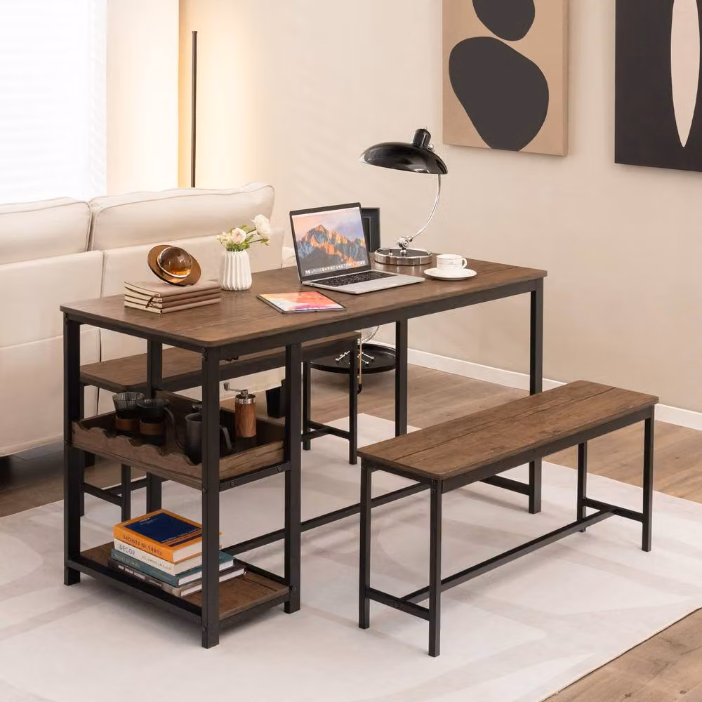 Gymax Brown Dining Table and 2 Benches Set with Wine Rack and Storage Shelf – 5