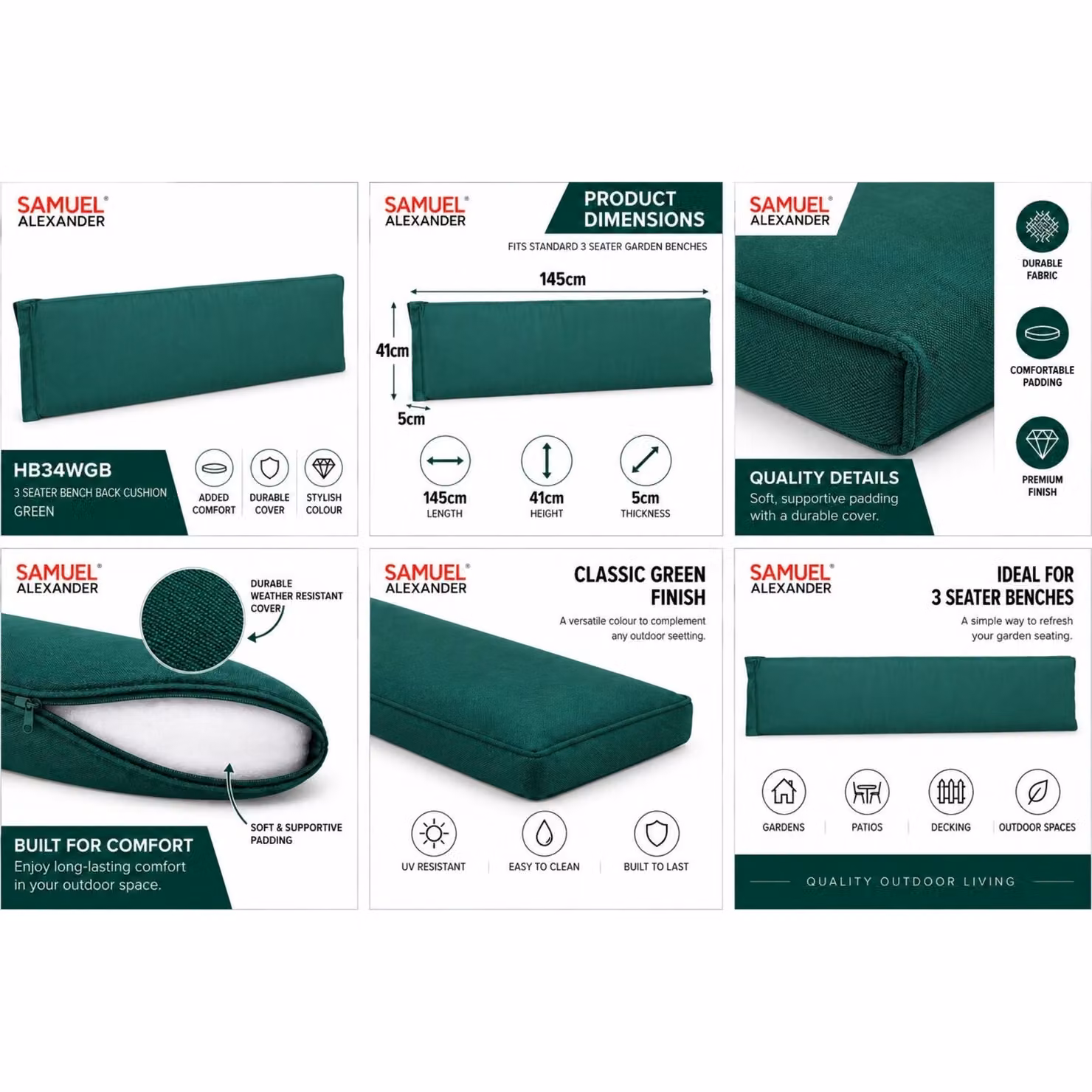 Samuel Alexander Charles Taylor 3 Seater Bench Back Cushion in Green – 5