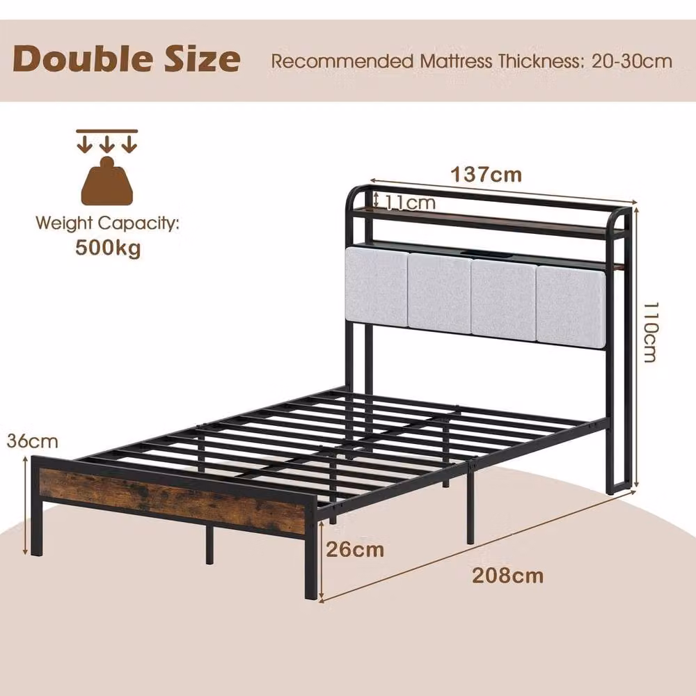 KORVIXA Double Size Industrial Metal Platform Bed Frame with Under-Bed Lighting, USB Charging Ports and Side Compartments, Black, W/D/H: 140 x 200 cm – 2