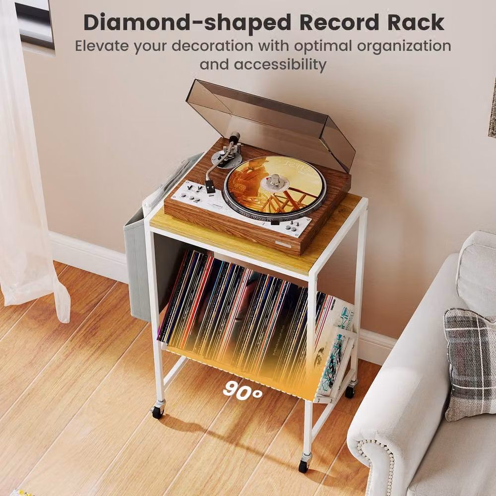 Gymax Rolling Turntable Stand with Vinyl Magazine Holder in Light Khaki – 3