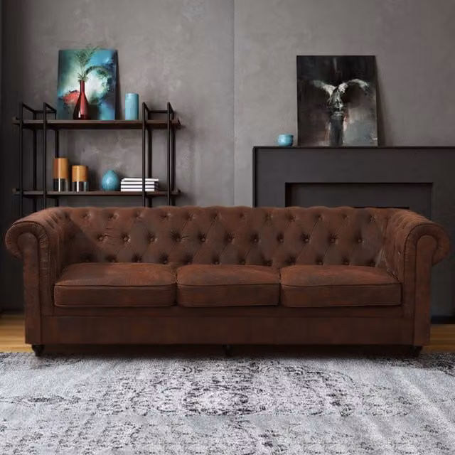 Livingandhome 3 Seater Chesterfield Deerskin Leather Sofa in Brown
