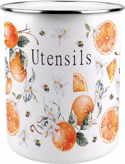 Purely Home Round Ceramic Kitchen Utensil Holder in Orange and White