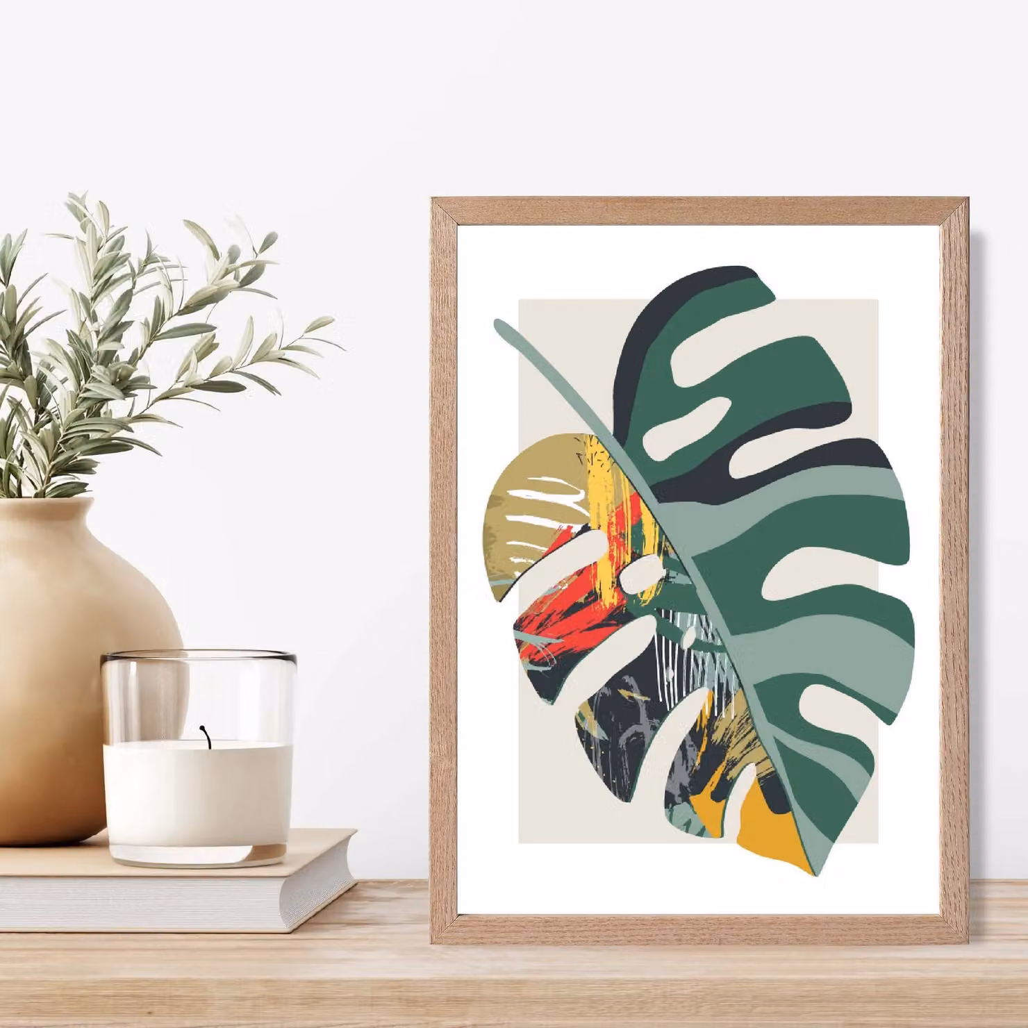 ARTZE Monstera Green and Red Minimalist Botanical Framed Print with Oak Frame, W: 21.0 cm, H: 29.7 cm – 2