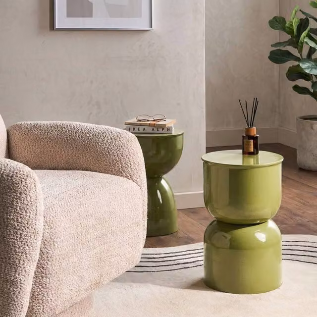 Wyld and Coco Olive Iron Drum Side Table in Green, W/D/H: 31 x 31 x 47 cm – 1