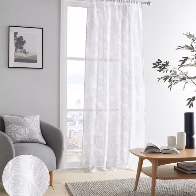 Fusion Matteo Leaf Print Grey Voile Fabric Panel, Width: 140 cm, Drop: 229 cm