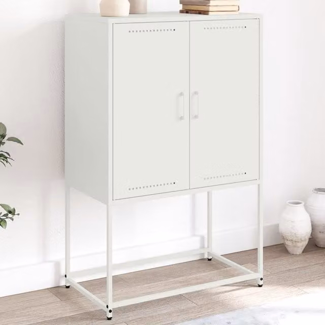 Berkfield Home Industrial White Metal Highboard with Hinged Doors, W/D/H: 68.5 x 38.5 x 107 cm