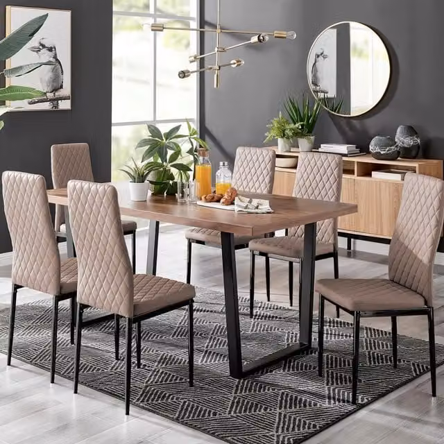 FurnitureboxUK Kylo Brown Wood Effect Rectangular Dining Table and 6 Milan Black Leg Faux Leather Chairs in Beige