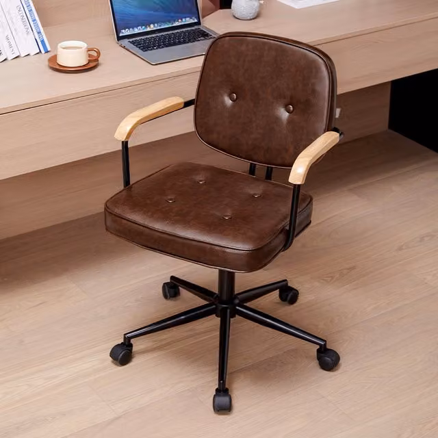 Livingandhome Modern Ergonomic Brown Synthetic Leather Swivel Office Chair with Wood Armrests