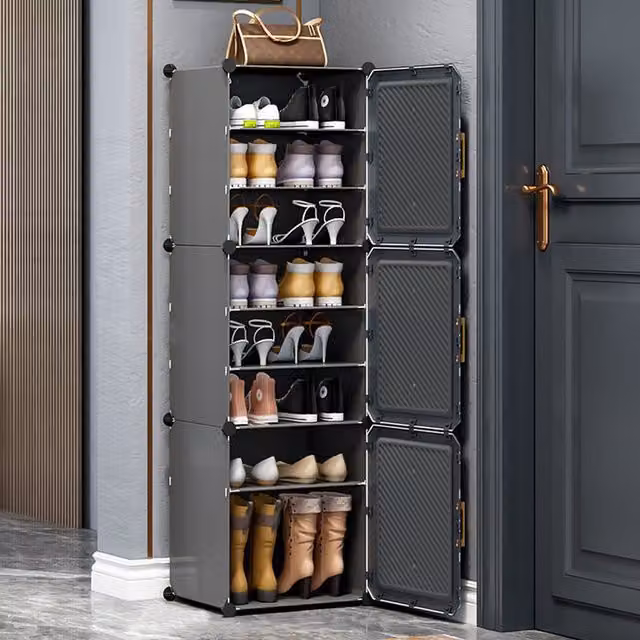 Livingandhome Modern Grey Freestanding Shoe Organiser with Hinged Doors and Internal Shelves, Height: 141 cm
