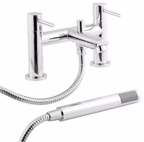 Nuie FJ314 Series Two Modern Round Deck Mounted Bath Filler Tap with Shower Kit and Wall Bracket, Chrome, W: 22.6 cm, D: 14.2 cm, H: 14.6 cm