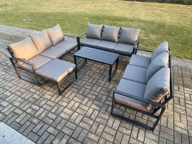 Fimous 10 Seater Outdoor Garden Furniture Set with Powder Coated Aluminium Frame, Oblong Coffee Table, Sofa, and Ottoman in Dark Grey