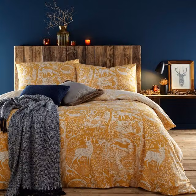 Creative Cloth Woodblock Winter Woods Reversible Duvet Cover and Pillowcase Set in Blue, Grey and Yellow, W: 200 cm x H: 200 cm
