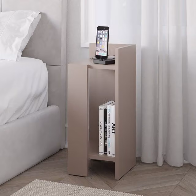 Decortie Elos Modern Wall-Mounted Right-Side Bedside Cabinet with Drop-Down Door, Dark Oak in Grey, W/D/H: 25 x 25 x 60 cm – 1
