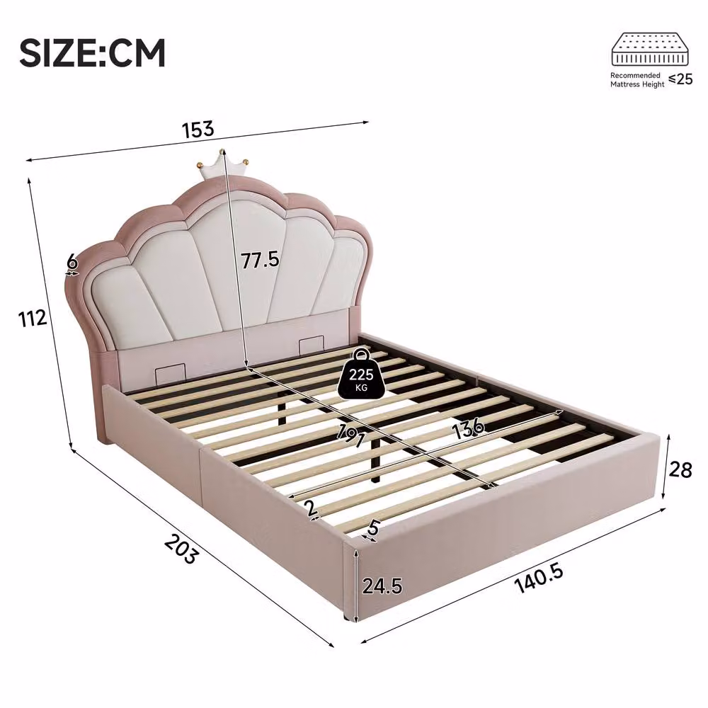 Merax Pink Velvet Double Ottoman Storage Bed with Crown Headboard, W/D/H: 140 x 200 x 153 cm – 2